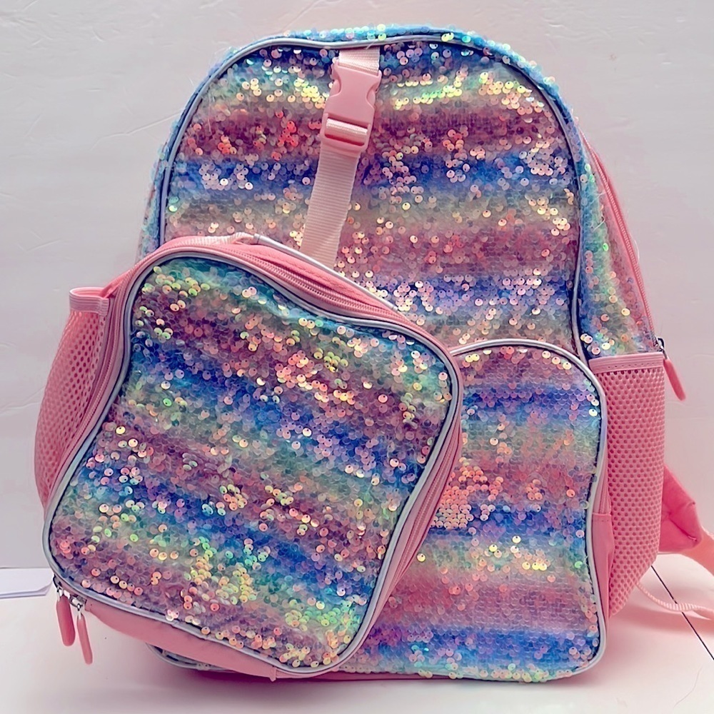Love at First sight backpack knapsack and Lunch Bag Rainbow Sequins NWT